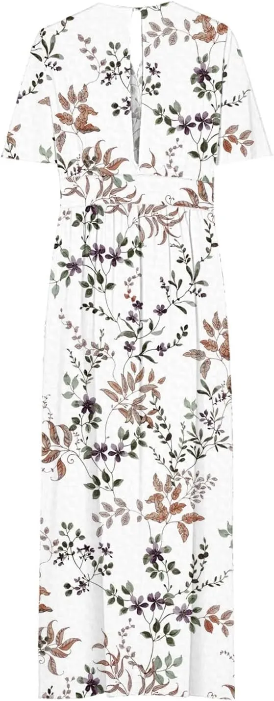 Women 2025 Maxi Dress Vacation Floral Short Sleeve Spring Casual Patchwork Boho Split Beach Long Flowy Sundress