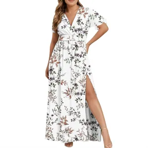 Women 2025 Maxi Dress Vacation Floral Short Sleeve Spring Casual Patchwork Boho Split Beach Long Flowy Sundress