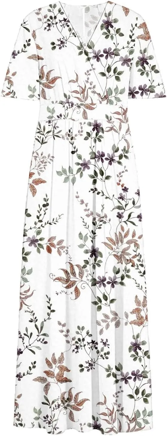 Women 2025 Maxi Dress Vacation Floral Short Sleeve Spring Casual Patchwork Boho Split Beach Long Flowy Sundress