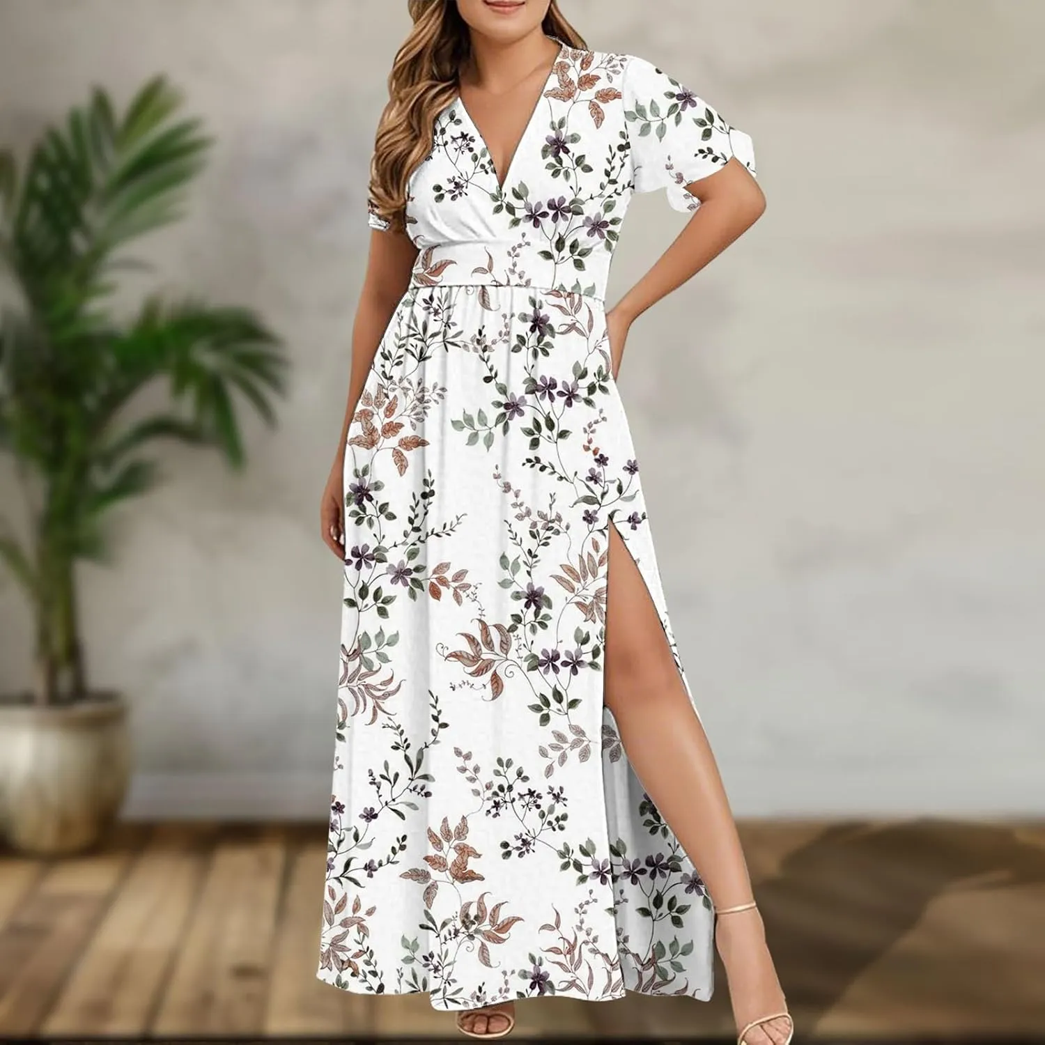 Women 2025 Maxi Dress Vacation Floral Short Sleeve Spring Casual Patchwork Boho Split Beach Long Flowy Sundress