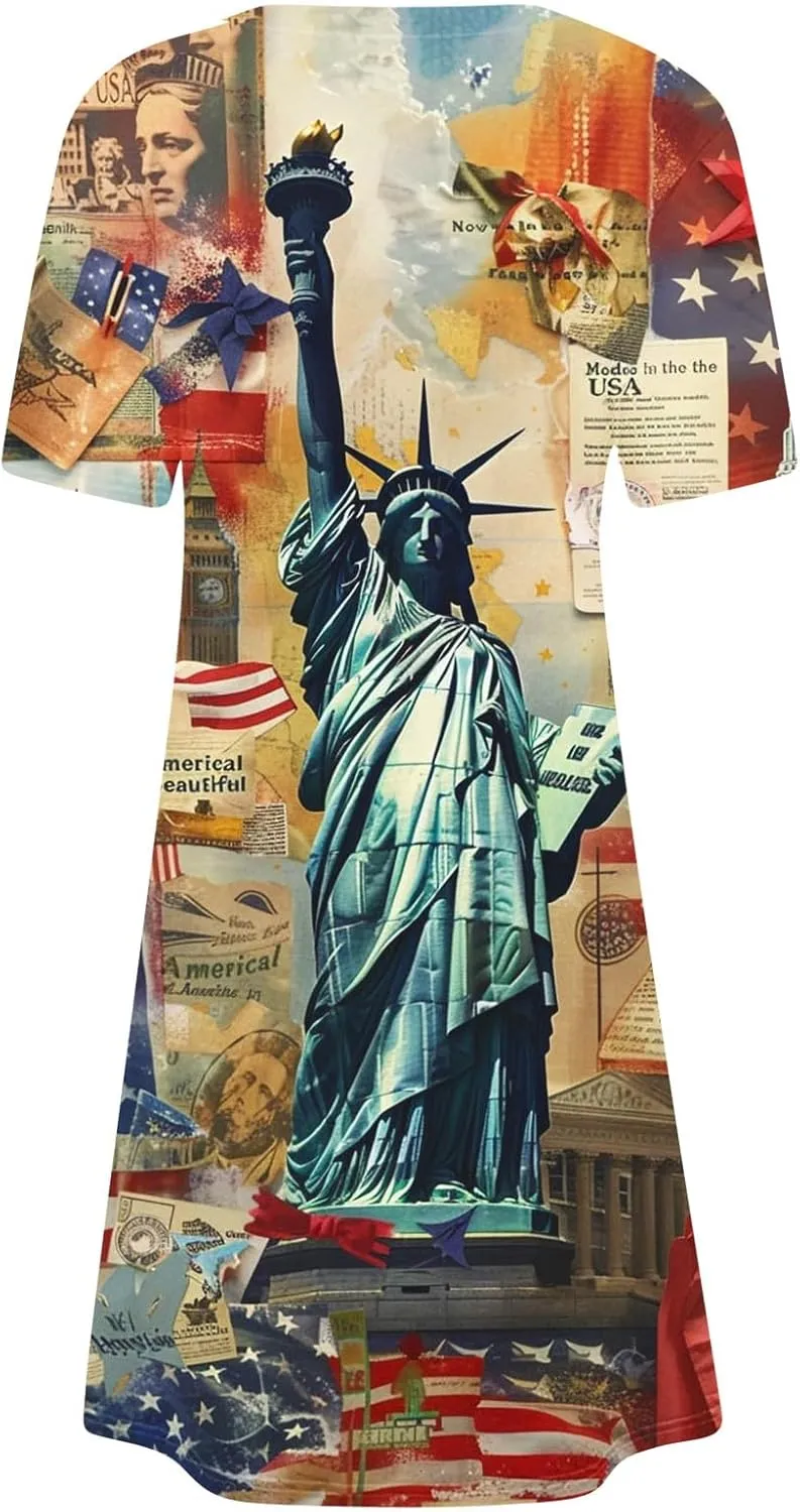 Women 4th of July Dresses American Flag Patriotic Short Sleeve Crewneck Casual Loose Fit Summer Dress