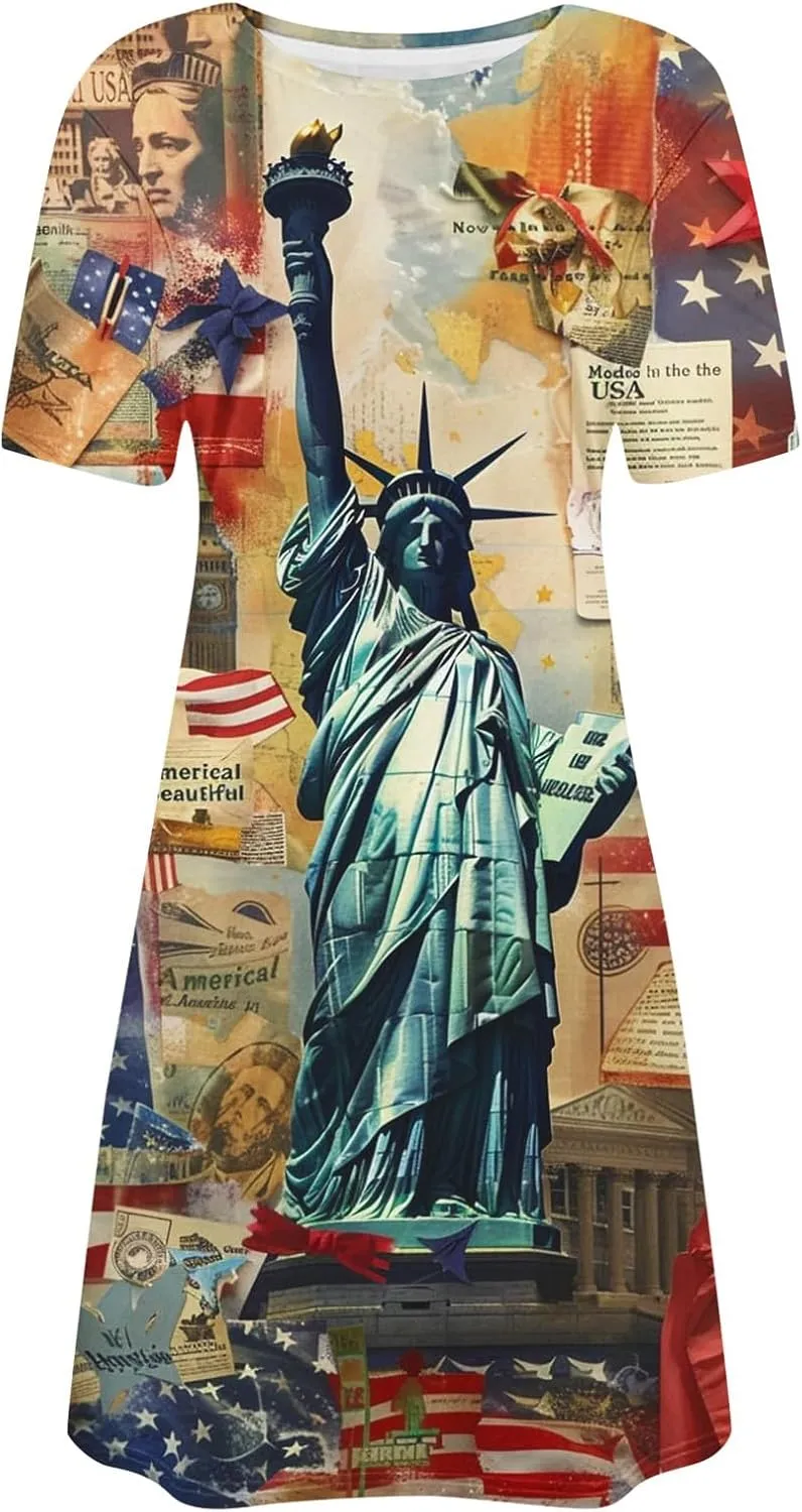 Women 4th of July Dresses American Flag Patriotic Short Sleeve Crewneck Casual Loose Fit Summer Dress