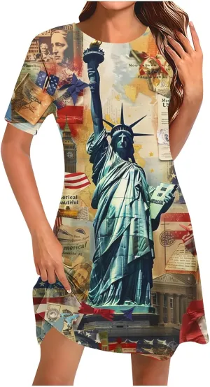 Women 4th of July Dresses American Flag Patriotic Short Sleeve Crewneck Casual Loose Fit Summer Dress