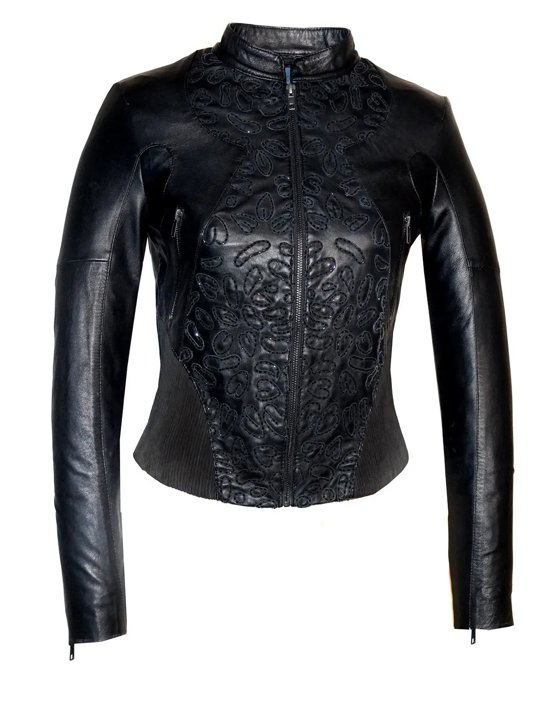 Women Abstract Beads Hand Embroidered Leather Jacket