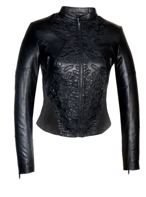 Women Abstract Beads Hand Embroidered Leather Jacket