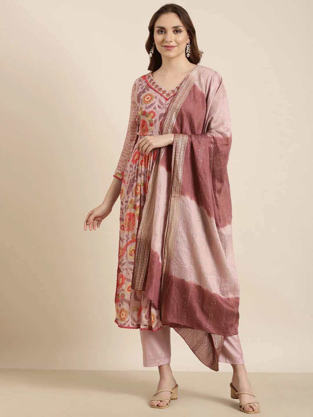 Women Anarkali Peach Ethnic Motifs Kurta and Trousers Set Comes With Dupatta