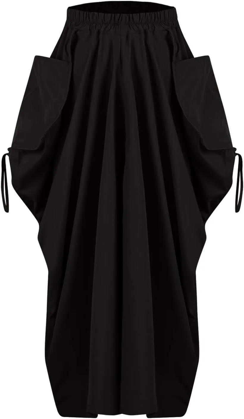 Women Boho Maxi Skirt Elastic High Waist Stretch Long Skirt Casual Y2k Fashion Cargo Skirt with Two Side Pockets
