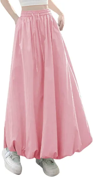 Women Bubble Maxi Skirt Elastic Waist Pleated Puff Long Skirts Solid Color A Line Y2k Dress Flowy Summer Boho Clothes