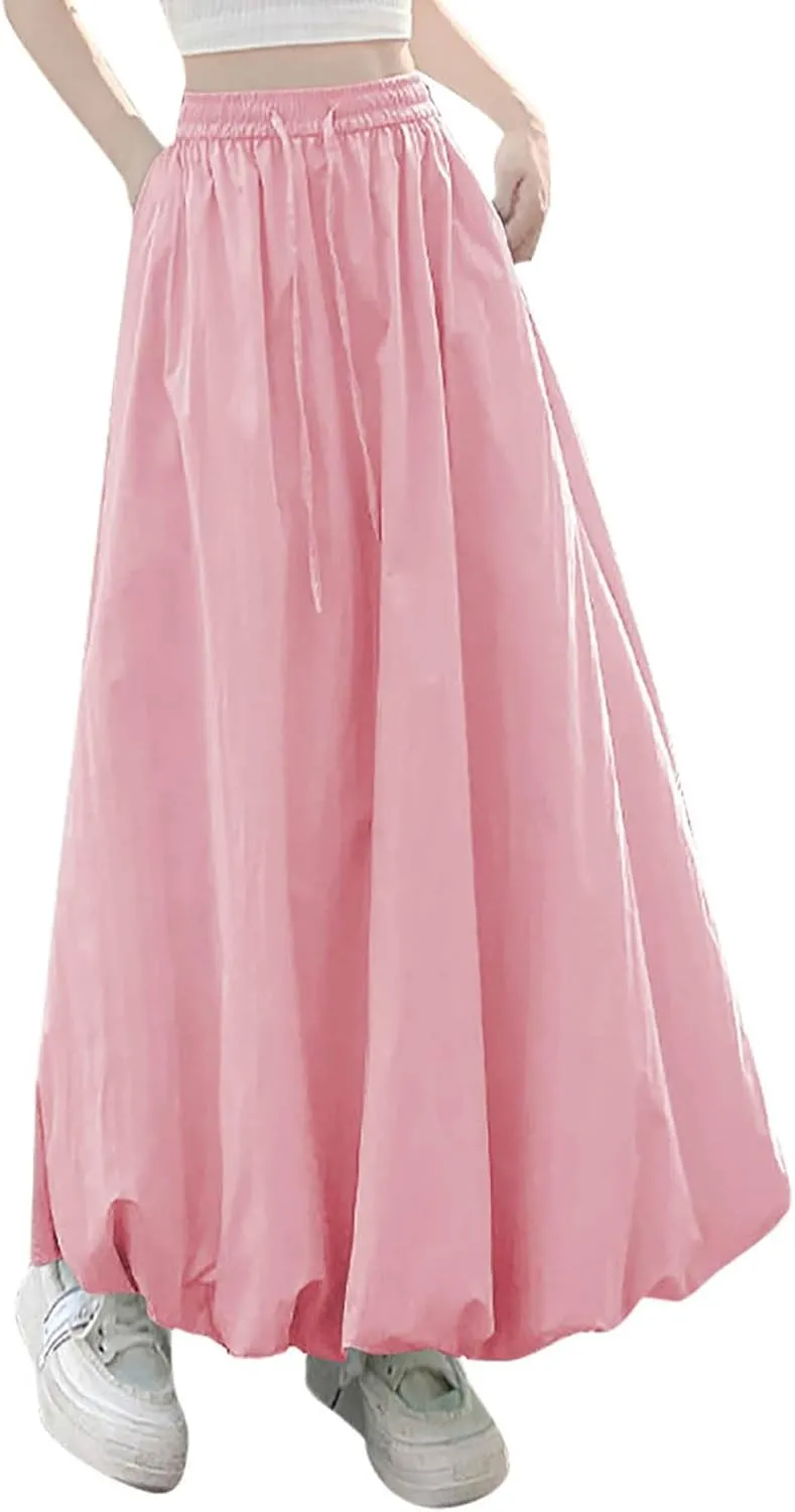 Women Bubble Maxi Skirt Elastic Waist Pleated Puff Long Skirts Solid Color A Line Y2k Dress Flowy Summer Boho Clothes
