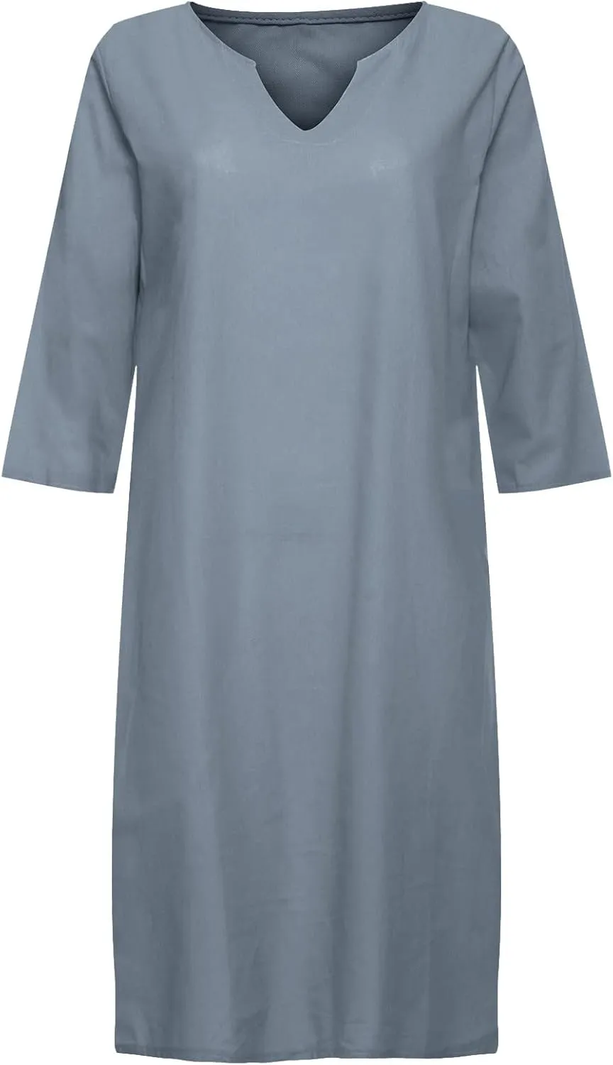 Women Casual Loose Linen Sundress Short Sleeve V Neck Sundresses Beach Cover Ups Travel Vacation 2025 Summer Outfits