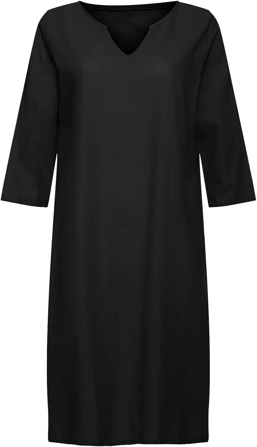 Women Casual Loose Linen Sundress Short Sleeve V Neck Sundresses Beach Cover Ups Travel Vacation 2025 Summer Outfits