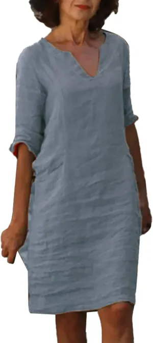 Women Casual Loose Linen Sundress Short Sleeve V Neck Sundresses Beach Cover Ups Travel Vacation 2025 Summer Outfits