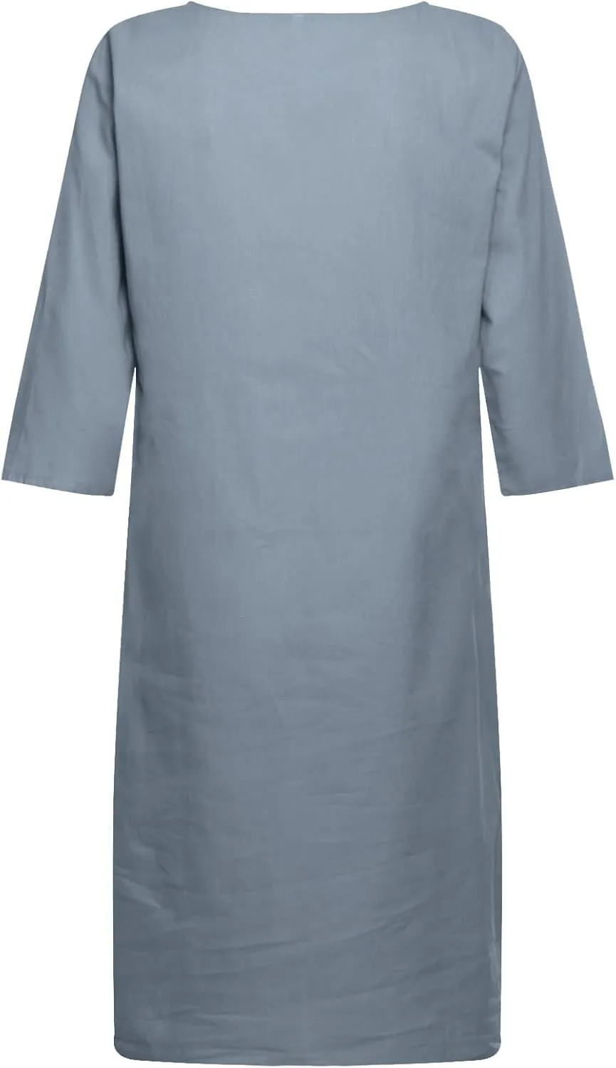 Women Casual Loose Linen Sundress Short Sleeve V Neck Sundresses Beach Cover Ups Travel Vacation 2025 Summer Outfits