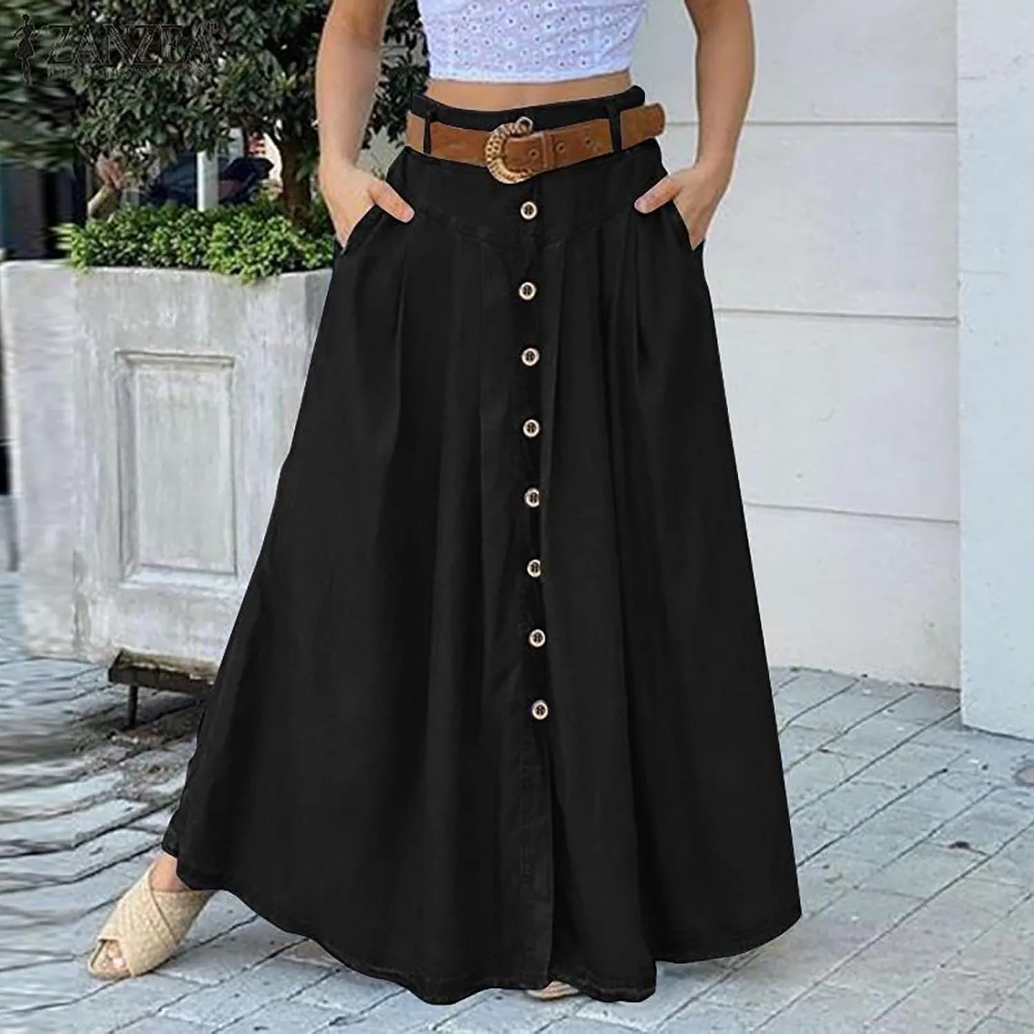 Women Casual Midi Skirt Vintage Button Front Elastic High Waist Pleated A-Line Skirts with Pockets Work Formal