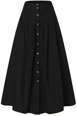 Women Casual Midi Skirt Vintage Button Front Elastic High Waist Pleated A-Line Skirts with Pockets Work Formal