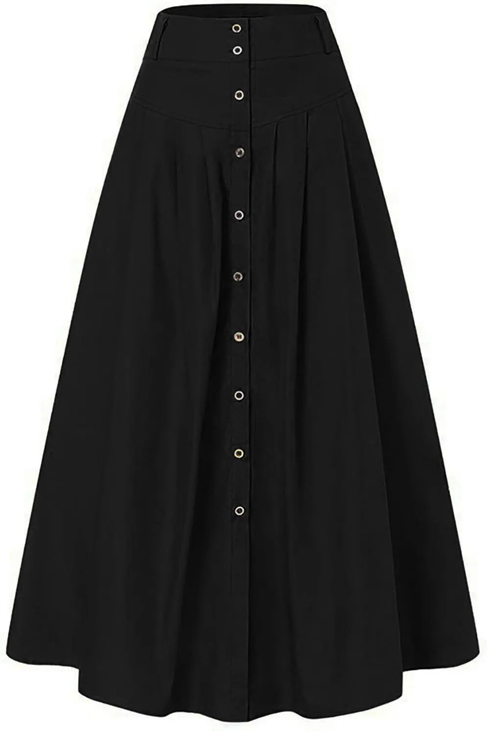 Women Casual Midi Skirt Vintage Button Front Elastic High Waist Pleated A-Line Skirts with Pockets Work Formal
