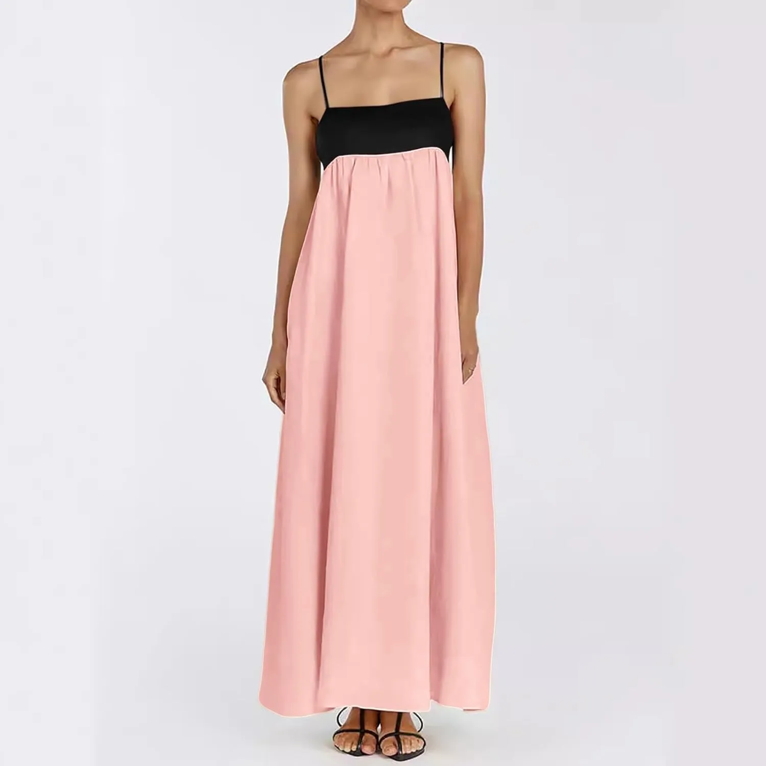 Women Casual Summer Dresses Color Block Spaghetti Straps Sleeveless Dress for Women Flowy Beach Boho Long Skirt