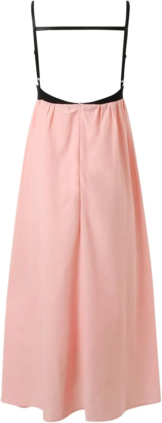 Women Casual Summer Dresses Color Block Spaghetti Straps Sleeveless Dress for Women Flowy Beach Boho Long Skirt