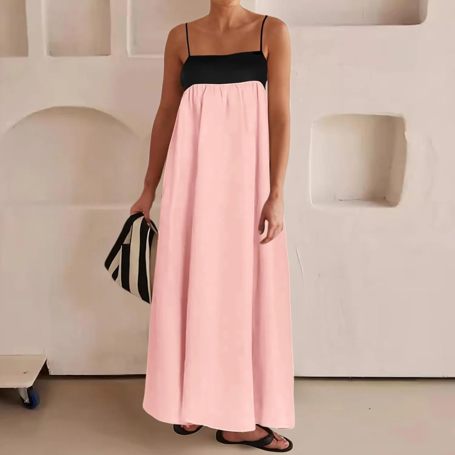 Women Casual Summer Dresses Color Block Spaghetti Straps Sleeveless Dress for Women Flowy Beach Boho Long Skirt