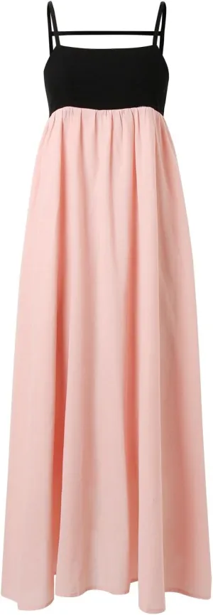 Women Casual Summer Dresses Color Block Spaghetti Straps Sleeveless Dress for Women Flowy Beach Boho Long Skirt