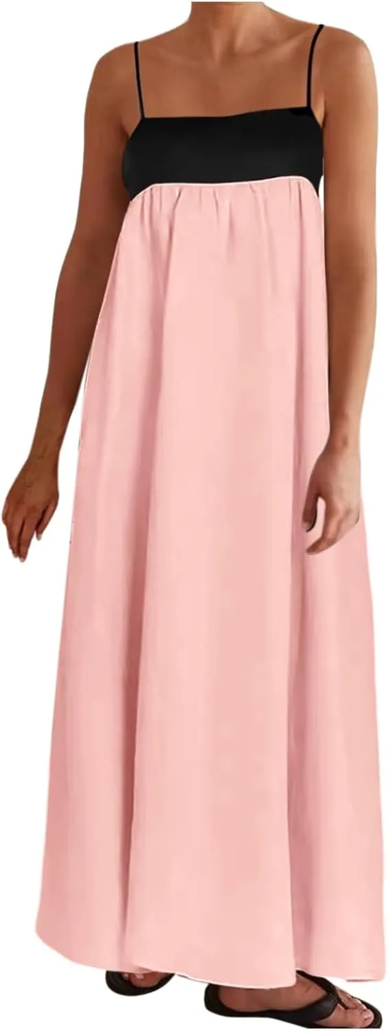 Women Casual Summer Dresses Color Block Spaghetti Straps Sleeveless Dress for Women Flowy Beach Boho Long Skirt