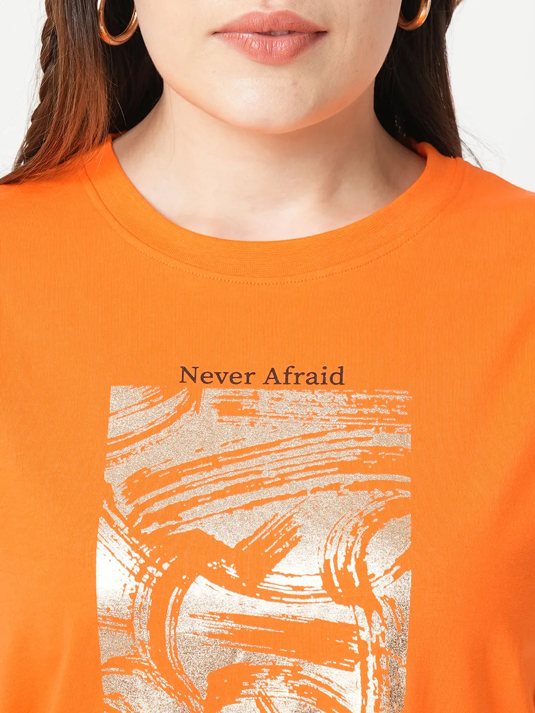 Women Chest Printed Slim Fit Tangerine Crop T-Shirt