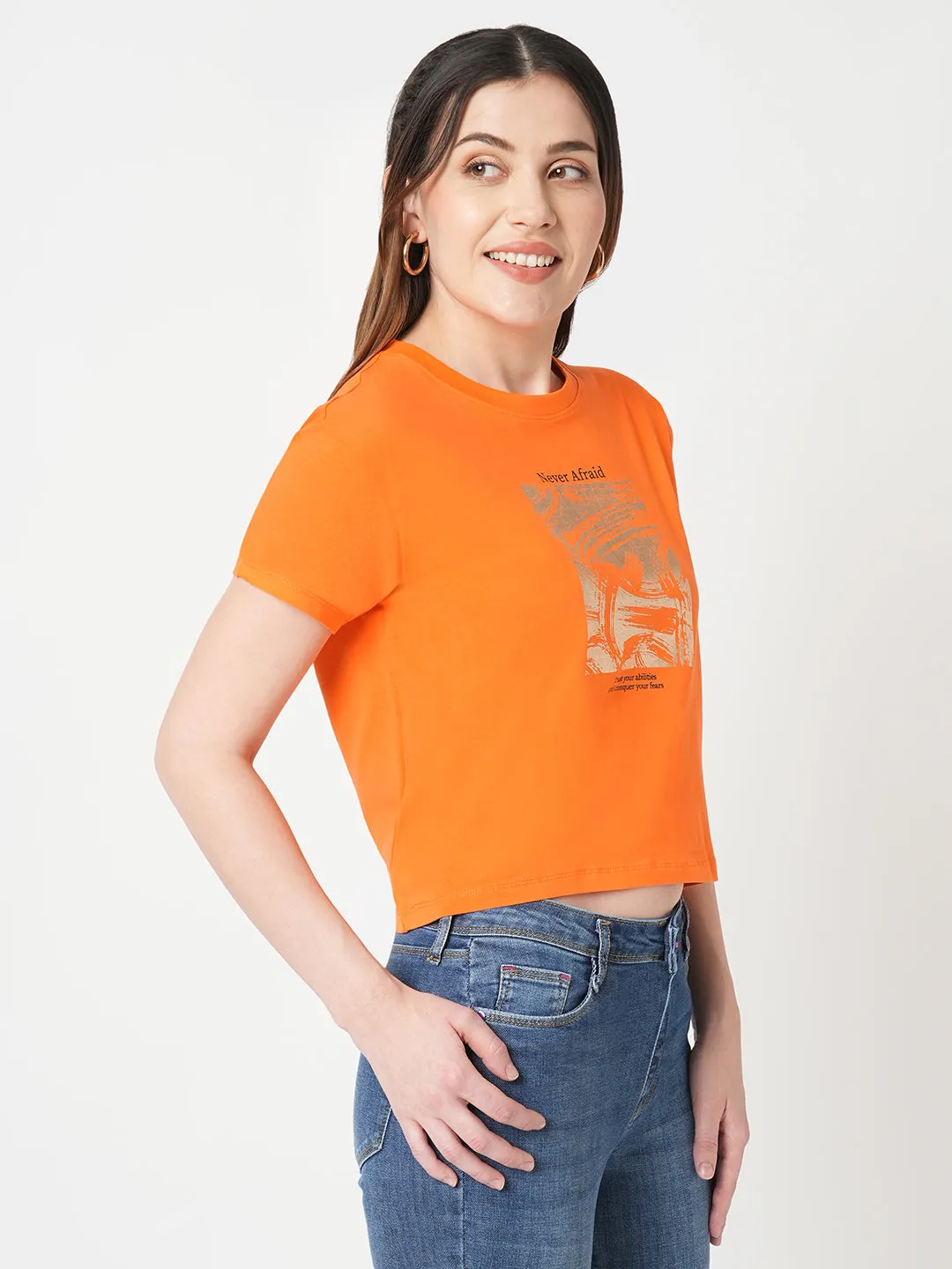 Women Chest Printed Slim Fit Tangerine Crop T-Shirt