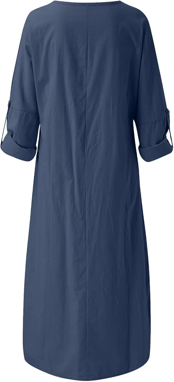 Women Cotton Linen Maxi Long Dress 3/4 Sleeve Smocked Vacation Dresses Loose Summer Beach Dress Boho Clothes with Pockets