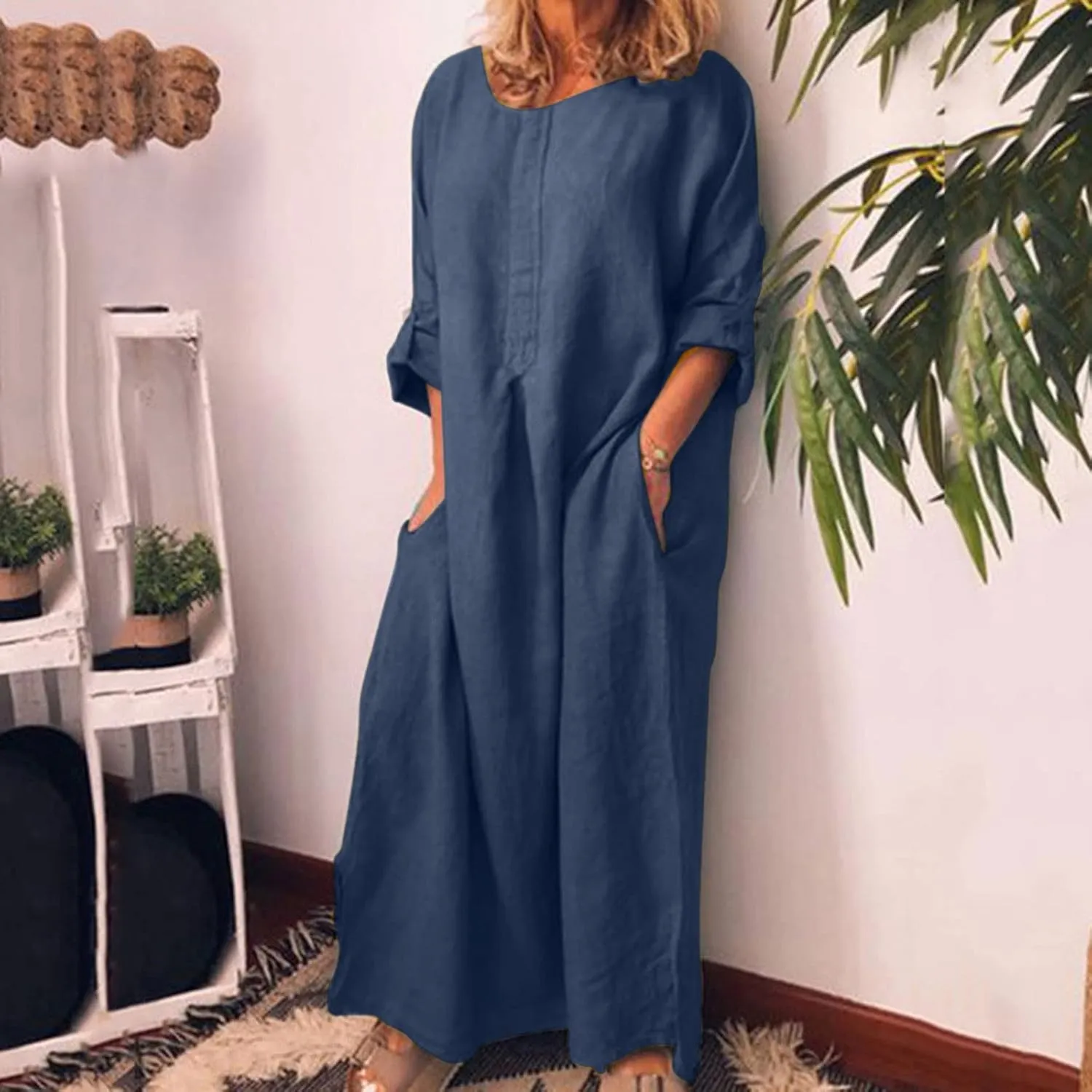 Women Cotton Linen Maxi Long Dress 3/4 Sleeve Smocked Vacation Dresses Loose Summer Beach Dress Boho Clothes with Pockets