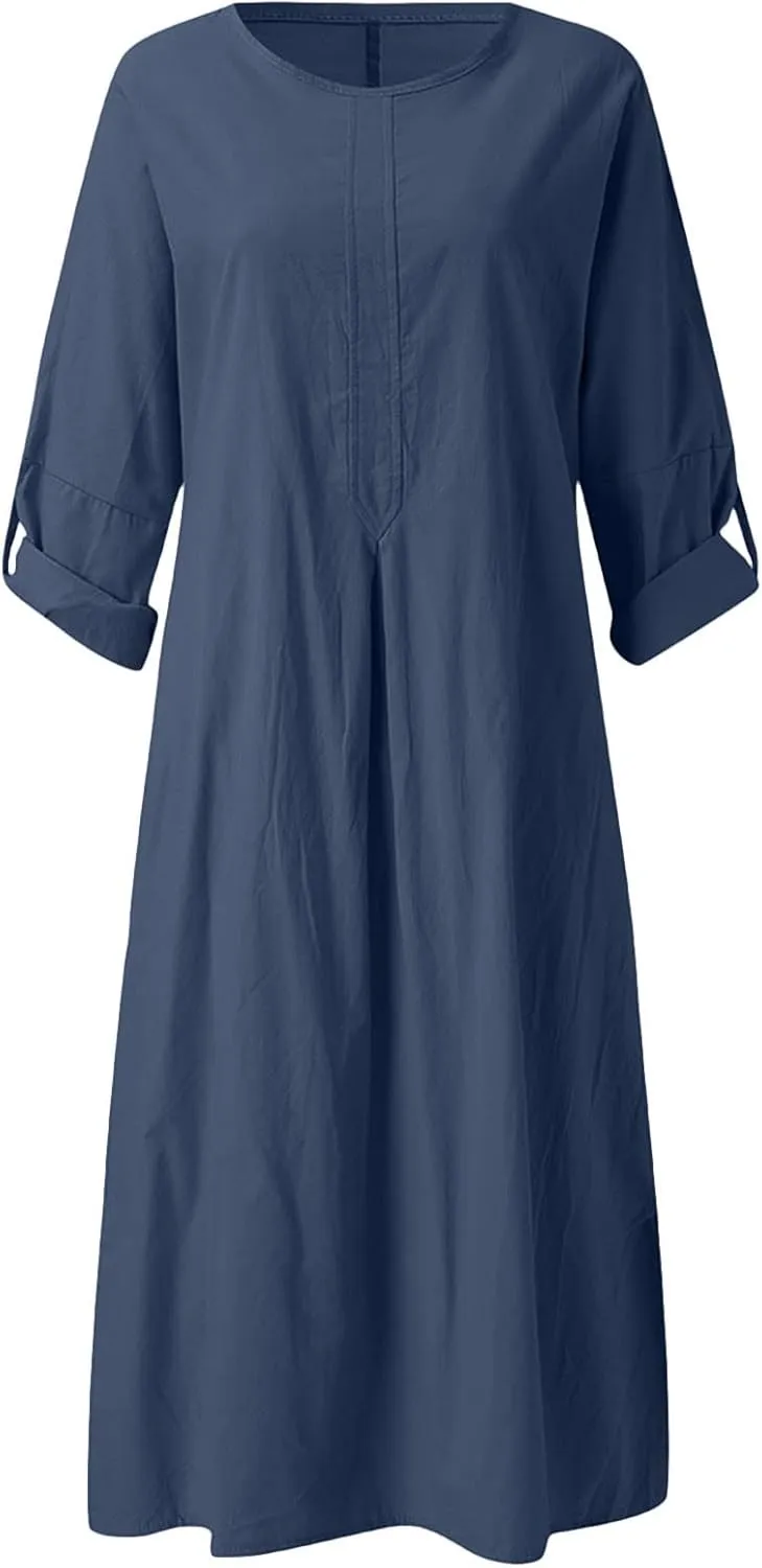 Women Cotton Linen Maxi Long Dress 3/4 Sleeve Smocked Vacation Dresses Loose Summer Beach Dress Boho Clothes with Pockets
