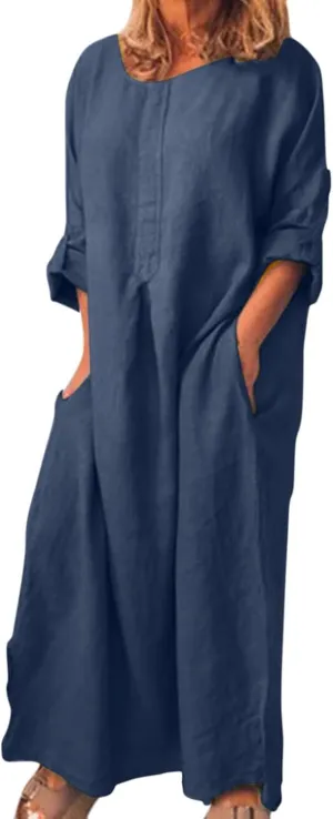 Women Cotton Linen Maxi Long Dress 3/4 Sleeve Smocked Vacation Dresses Loose Summer Beach Dress Boho Clothes with Pockets