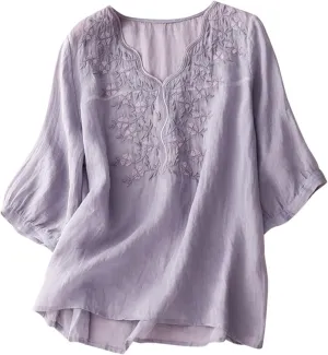 Women Cotton Linen Tops Vintage Floral Embroidered Shirts Summer Half Sleeve Scalloped V-Neck Boho Peasant Blouses
