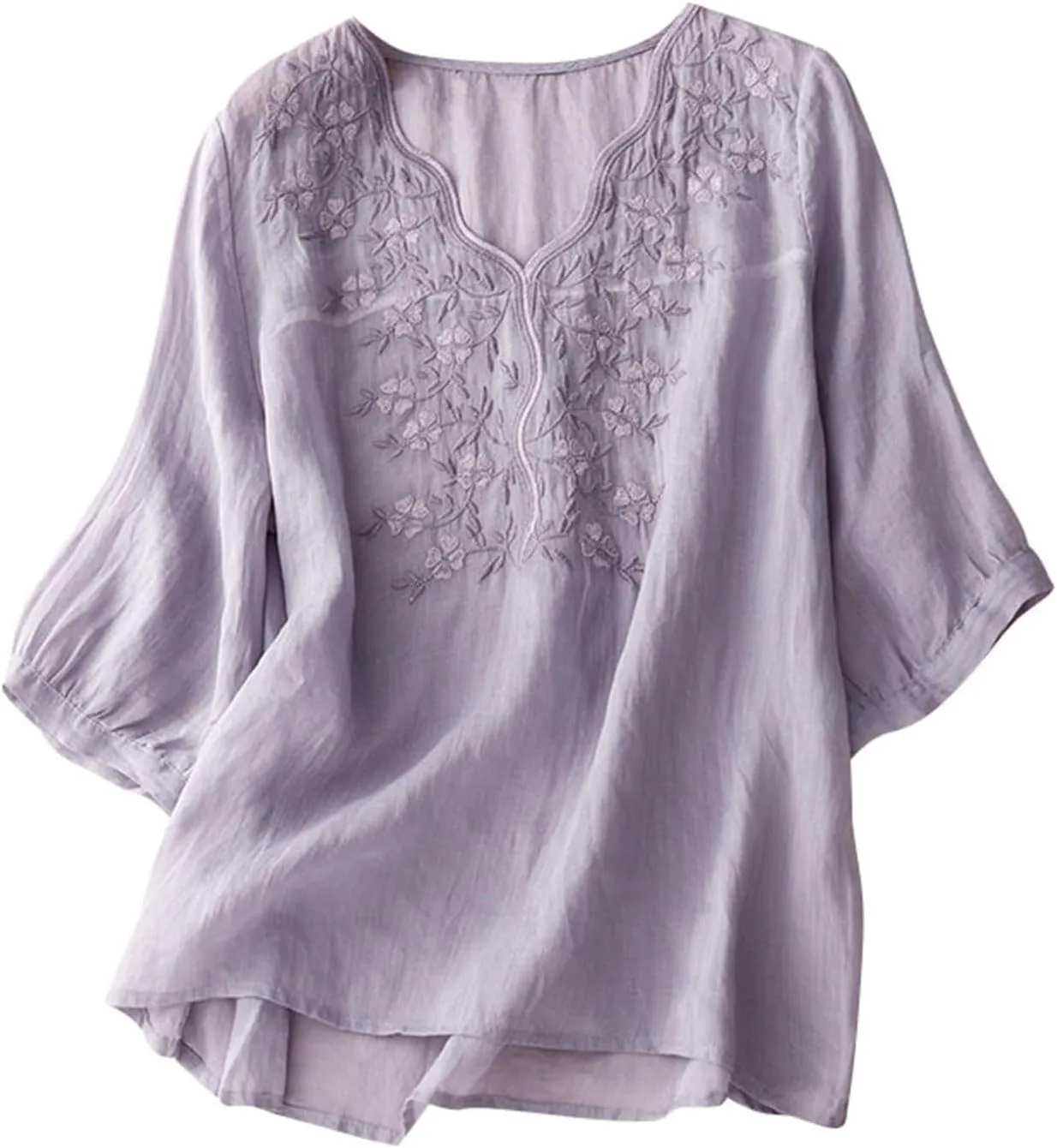 Women Cotton Linen Tops Vintage Floral Embroidered Shirts Summer Half Sleeve Scalloped V-Neck Boho Peasant Blouses