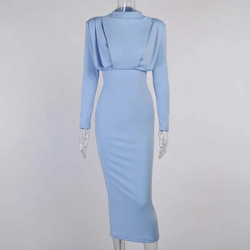 Women Dress Stand Collar Slim Waist Solid Ankle Length Autumn Long Sleeve Party Dress