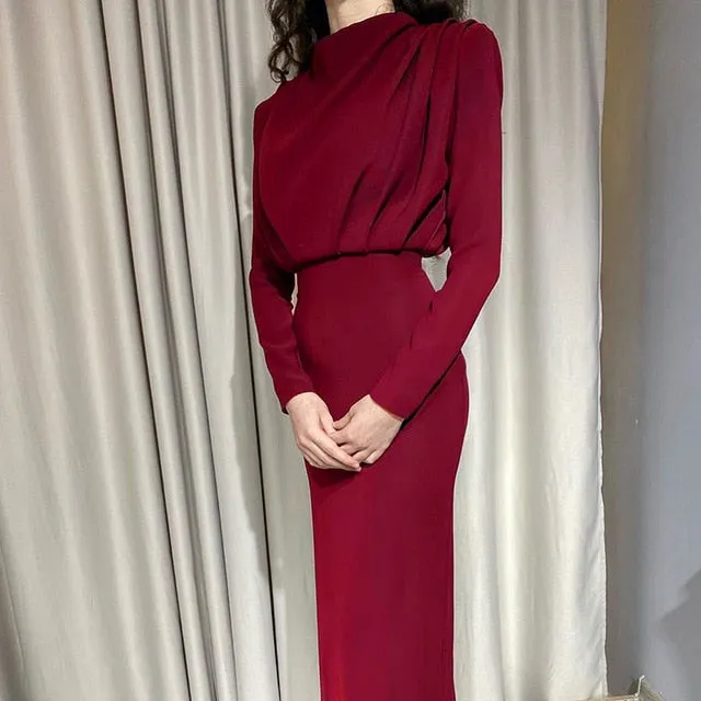 Women Dress Stand Collar Slim Waist Solid Ankle Length Autumn Long Sleeve Party Dress