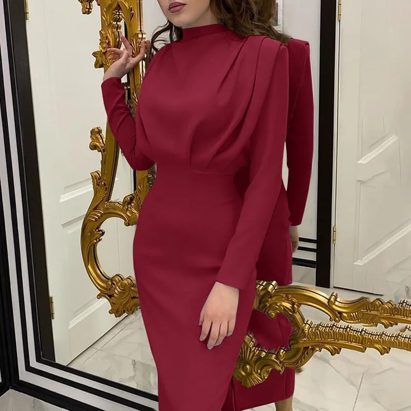 Women Dress Stand Collar Slim Waist Solid Ankle Length Autumn Long Sleeve Party Dress