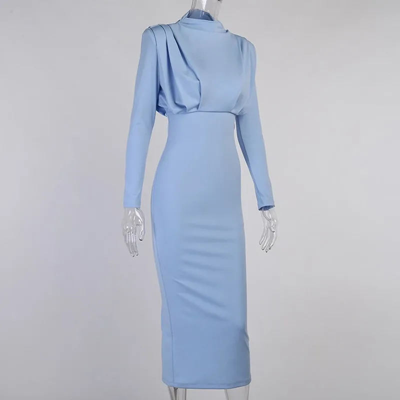 Women Dress Stand Collar Slim Waist Solid Ankle Length Autumn Long Sleeve Party Dress