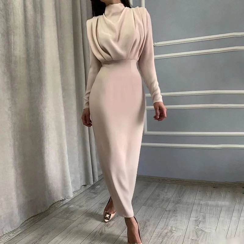 Women Dress Stand Collar Slim Waist Solid Ankle Length Autumn Long Sleeve Party Dress