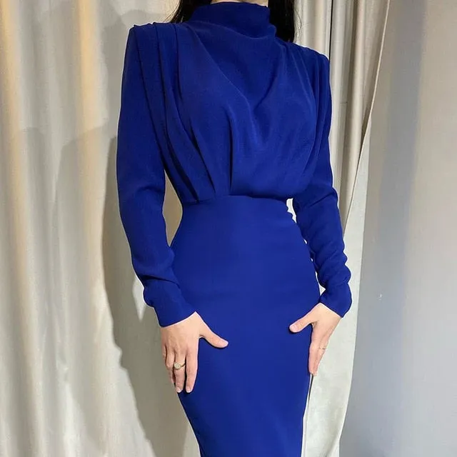Women Dress Stand Collar Slim Waist Solid Ankle Length Autumn Long Sleeve Party Dress