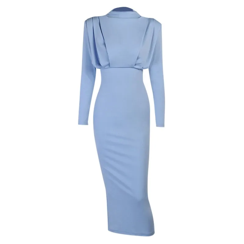 Women Dress Stand Collar Slim Waist Solid Ankle Length Autumn Long Sleeve Party Dress
