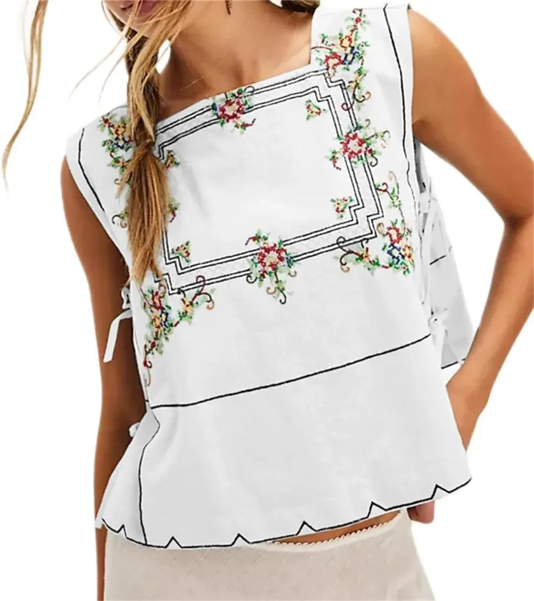 Women Embroidery Flower Tank Tops Y2K Sleeveless Square Neck Button Front Free Tie Up Cropped Vest