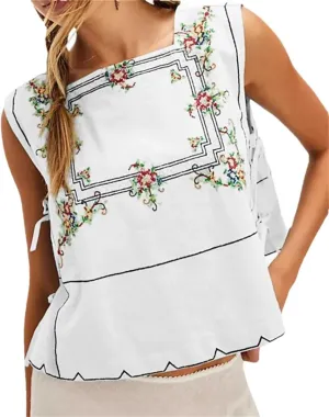 Women Embroidery Flower Tank Tops Y2K Sleeveless Square Neck Button Front Free Tie Up Cropped Vest