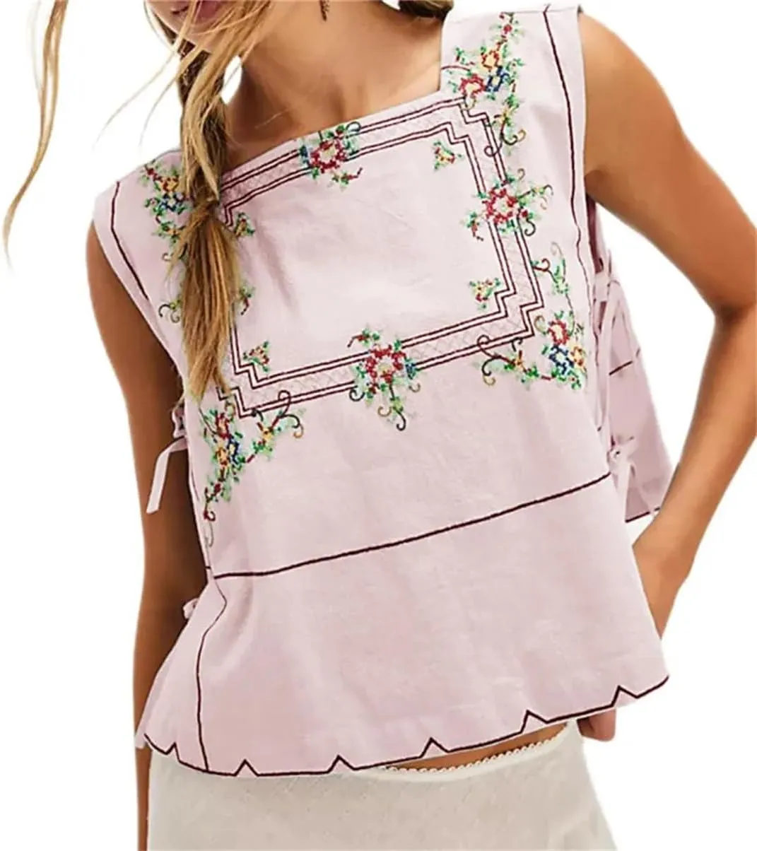 Women Embroidery Flower Tank Tops Y2K Sleeveless Square Neck Button Front Free Tie Up Cropped Vest