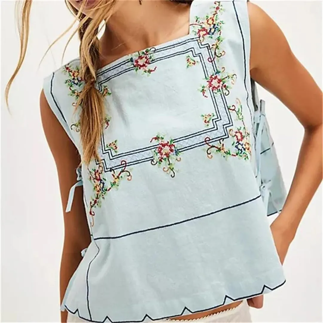 Women Embroidery Flower Tank Tops Y2K Sleeveless Square Neck Button Front Free Tie Up Cropped Vest