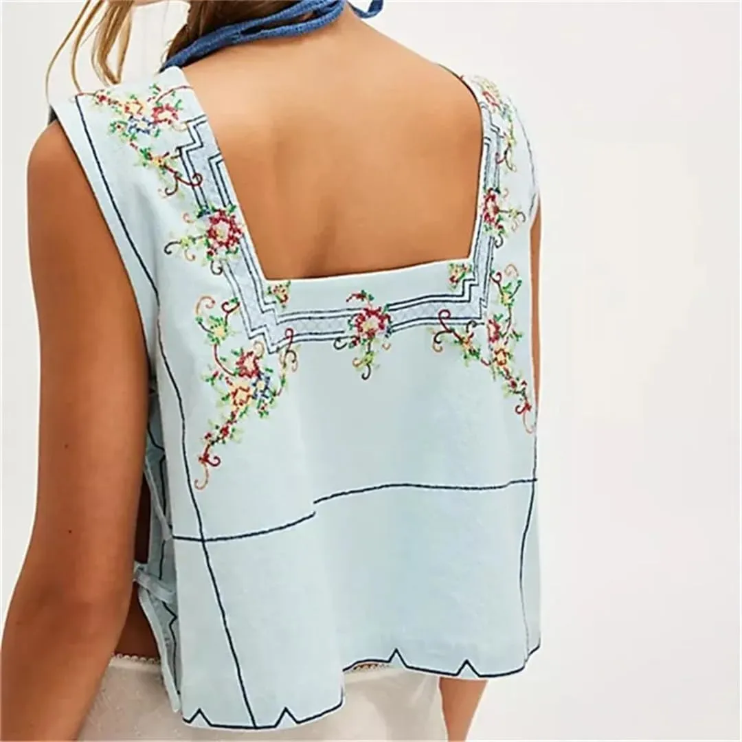 Women Embroidery Flower Tank Tops Y2K Sleeveless Square Neck Button Front Free Tie Up Cropped Vest