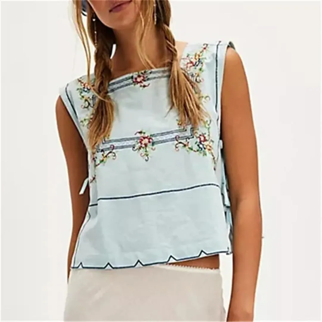 Women Embroidery Flower Tank Tops Y2K Sleeveless Square Neck Button Front Free Tie Up Cropped Vest