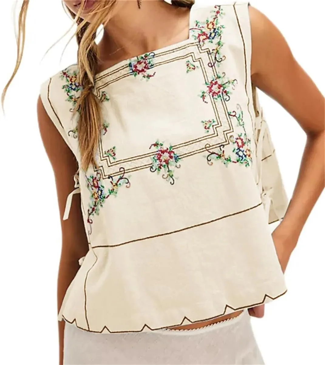 Women Embroidery Flower Tank Tops Y2K Sleeveless Square Neck Button Front Free Tie Up Cropped Vest