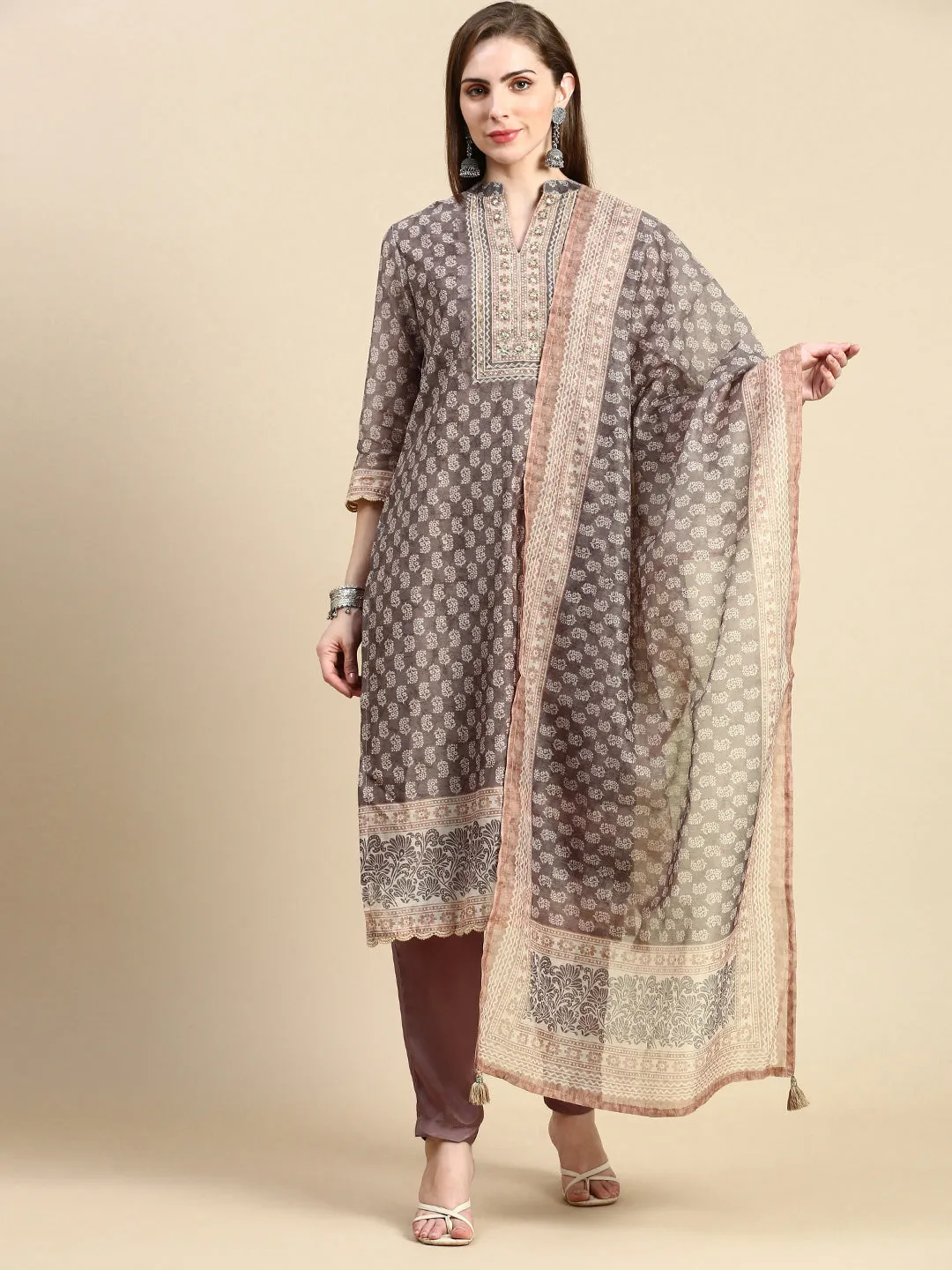 Women Ethnic Motifs Brown Straight Kurta Set with Dupatta