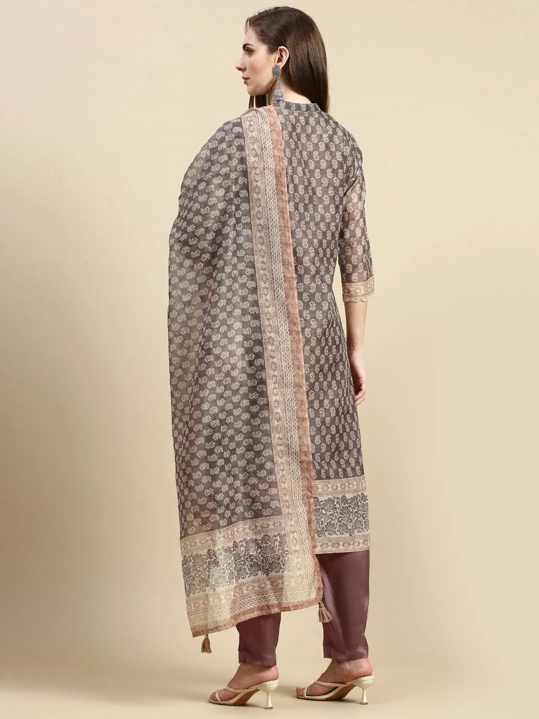 Women Ethnic Motifs Brown Straight Kurta Set with Dupatta