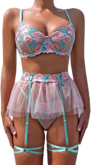 Women Fashion Print Mesh Lingerie Lace Lingerie Three Pieces Set Sexy Underwear Sexy Petite Lingerie Bodysuit See Through